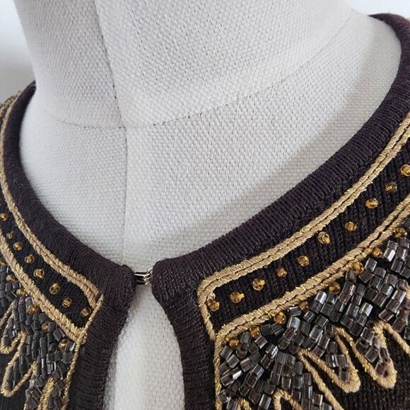 Women's Brown Beaded Cardigan Sweater Goblin Fairy Floral Whimsical 3/4 Sleeve S - Picture 7 of 12